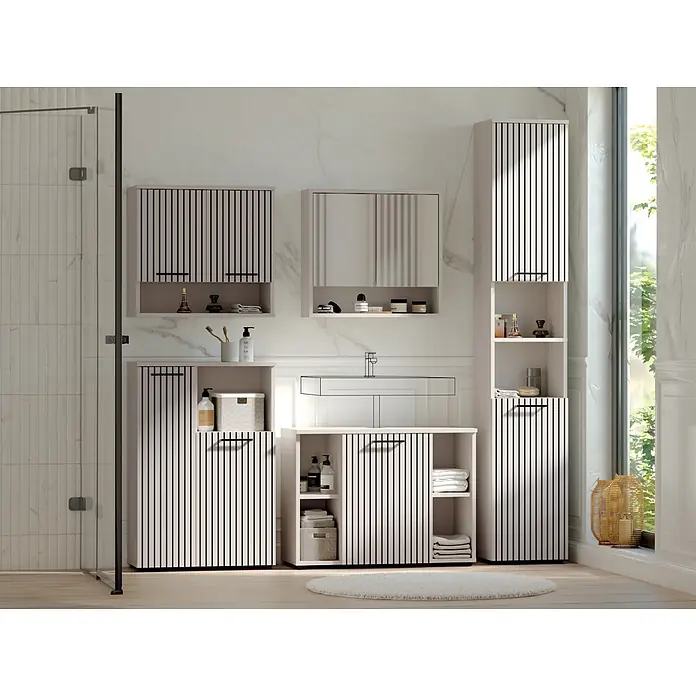 Respekta Badmöbel-Set Lina - Gesamtbreite Badmöbel: 205 cm, Kaschmir, Matt, Ohne Beleuchtung - Modernes helles Badmöbel-Set mit schwarzen vertikalen Lamellen, bietet Stauraum.