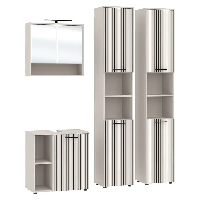 Respekta Badmöbel-Set Lina - Gesamtbreite Badmöbel: 160 cm, Kaschmir, Matt, Mit Beleuchtung - Modernes weißes Badezimmermöbelset: Spiegelschrank mit Licht, Waschtischunterschrank und zwei Hochschränke mit gerillten Türen und offenen Fächern.