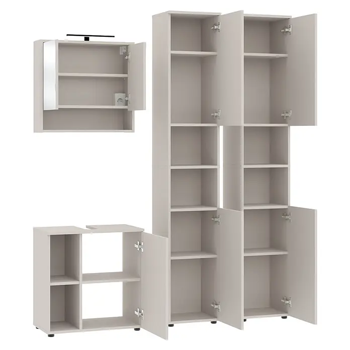 Respekta Badmöbel-Set Lina - Gesamtbreite Badmöbel: 160 cm, Kaschmir, Matt, Mit Beleuchtung - Helles graues modulares Badmöbel-Set mit offenen Türen und einem Spiegelschrank mit Beleuchtung.