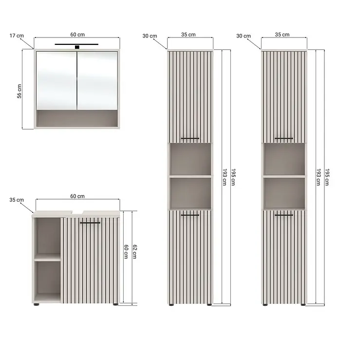 Respekta Badmöbel-Set Lina - Gesamtbreite Badmöbel: 160 cm, Kaschmir, Matt, Mit Beleuchtung - Helles beiges Badezimmermöbelset mit gerilltem Design, bestehend aus Spiegelschrank, Waschtischunterschrank und zwei Hochschränken.