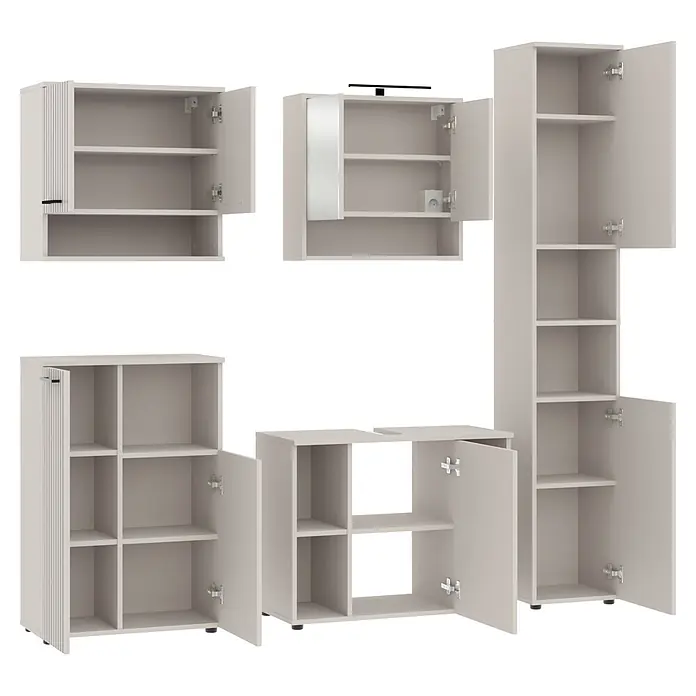Respekta Badmöbel-Set Lina - Gesamtbreite Badmöbel: 205 cm, Kaschmir, Matt, Mit Beleuchtung - Set weißer modularer Aufbewahrungsmöbel: verschiedene Schränke, Regale und ein Spiegelschrank für vielseitige Organisation.