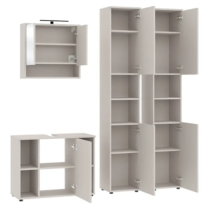 Respekta Badmöbel-Set Lina - Gesamtbreite Badmöbel: 180 cm, Kaschmir, Matt, Ohne Beleuchtung - Hellgraue modulare Schränke mit offenen Türen, Regalen und sichtbaren Scharnieren. Enthält einen Wandschrank mit Spiegel und Licht, und zwei Bodenschränke.