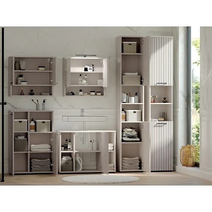 Respekta Badmöbel-Set Lina - Gesamtbreite Badmöbel: 255 cm, Kaschmir, Matt, Mit Beleuchtung - Hellfarbiges Badezimmermöbelset mit Schränken und Regalen zur Aufbewahrung von Toilettenartikeln und Handtüchern.