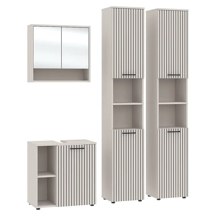 Respekta Badmöbel-Set Lina - Gesamtbreite Badmöbel: 160 cm, Kaschmir, Matt, Ohne Beleuchtung - Weißes Badmöbel-Set mit Spiegelschrank, zwei hohen Schränken und einem Unterschrank, alle mit Lamellentüren und schwarzen Griffen.