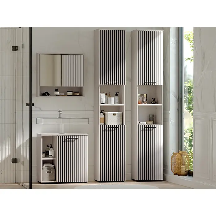 Respekta Badmöbel-Set Lina - Gesamtbreite Badmöbel: 160 cm, Kaschmir, Matt, Ohne Beleuchtung - Modernes Badmöbel-Set in Hellbeige mit vertikalen schwarzen Streifen, bestehend aus Spiegelschrank, Unterschrank und Hochschränken für Stauraum.