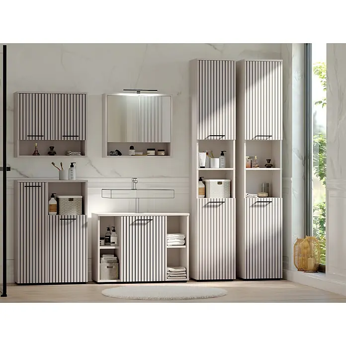 Respekta Badmöbel-Set Lina - Gesamtbreite Badmöbel: 255 cm, Kaschmir, Matt, Mit Beleuchtung - Hellbeiges Badmöbelset mit vertikalen schwarzen Lamellen, Wandschränken, Waschtisch und Hochschränken im modernen Bad.