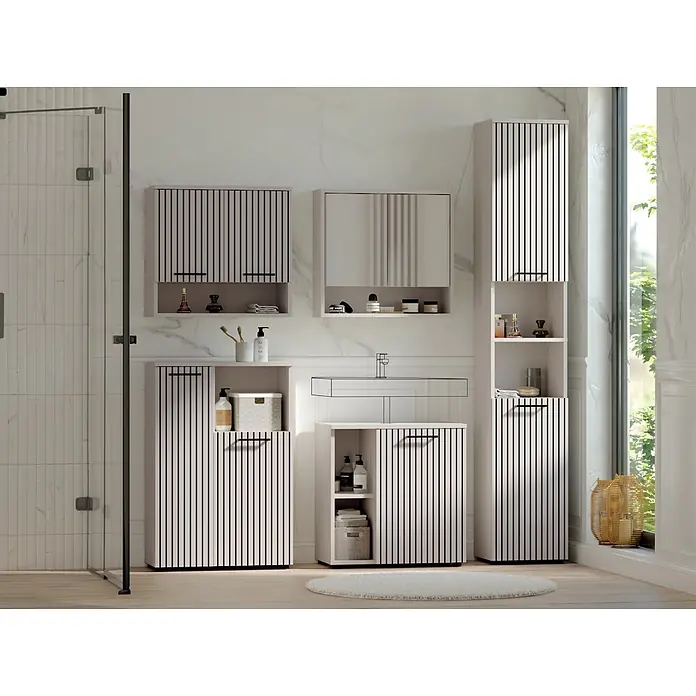 Respekta Badmöbel-Set Lina - Gesamtbreite Badmöbel: 185 cm, Kaschmir, Matt, Ohne Beleuchtung - Helle Holz-Badezimmermöbel mit vertikalen schwarzen Lamellentüren, bestehend aus Schränken, Hochschränken und einem Waschtisch.