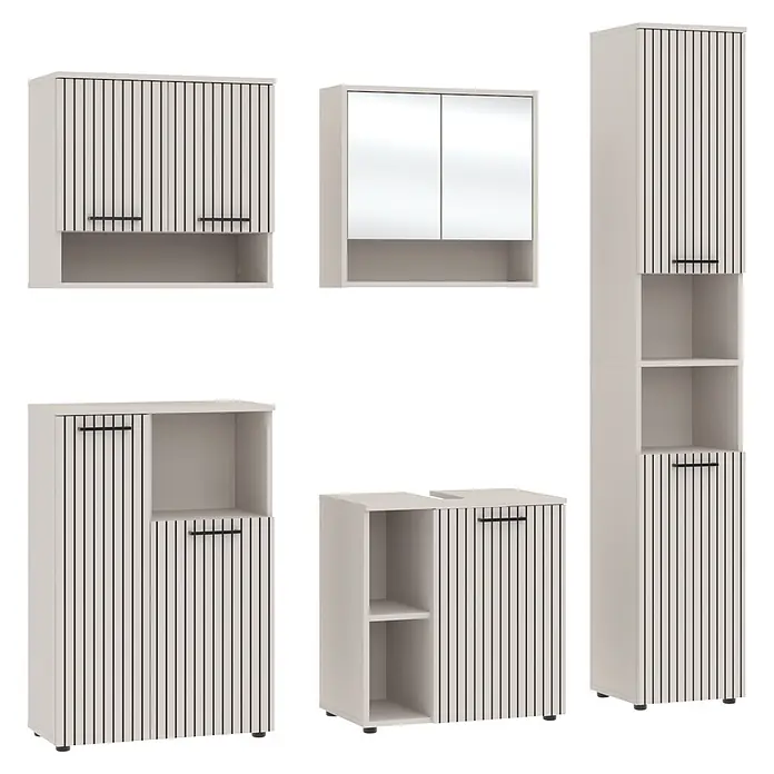 Respekta Badmöbel-Set Lina - Gesamtbreite Badmöbel: 185 cm, Kaschmir, Matt, Ohne Beleuchtung - Set heller Badschränke mit vertikalen Lamellenfronten und schwarzen Griffen, inkl. Wand-, Spiegel- und Hochschränken.