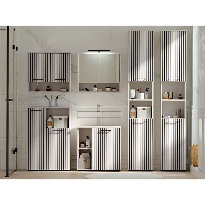 Respekta Badmöbel-Set Lina - Gesamtbreite Badmöbel: 235 cm, Kaschmir, Matt, Mit Beleuchtung - Hellbeige Badmöbelset mit schwarzen vertikalen Lamellen und Griffen, inklusive Wandschränken und Aufbewahrungseinheiten.