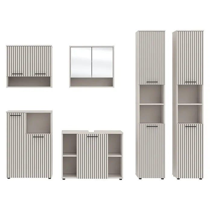 Respekta Badmöbel-Set Lina - Gesamtbreite Badmöbel: 255 cm, Kaschmir, Matt, Ohne Beleuchtung - Moderne weiße und hellgraue Stauraummöbel mit vertikalen Streifen und schwarzen Griffen, teils mit offenen Fächern, teils mit Türen.