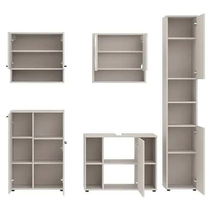 Respekta Badmöbel-Set Lina - Gesamtbreite Badmöbel: 205 cm, Kaschmir, Matt, Ohne Beleuchtung - Weiße Aufbewahrungsschränke mit offenen Türen und Regalböden.