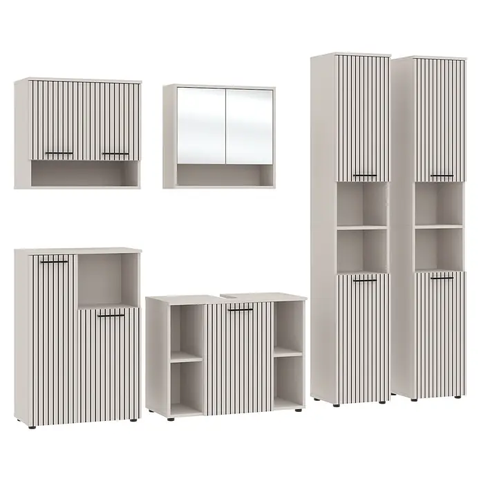 Respekta Badmöbel-Set Lina - Gesamtbreite Badmöbel: 255 cm, Kaschmir, Matt, Ohne Beleuchtung - Weißes modulares Badmöbelset mit schwarzen vertikalen Streifen, bestehend aus Wand-, Boden- und Spiegelschränken.