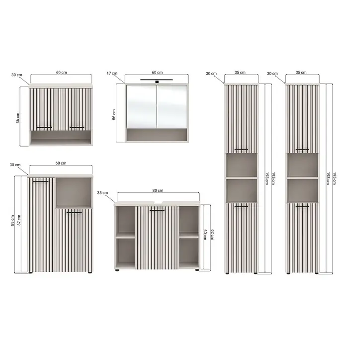 Respekta Badmöbel-Set Lina - Gesamtbreite Badmöbel: 255 cm, Kaschmir, Matt, Ohne Beleuchtung - Helles Badezimmermöbel-Set in Holzoptik mit schwarzen Streifen, Griffen und teils Spiegeln, Maße gezeigt.