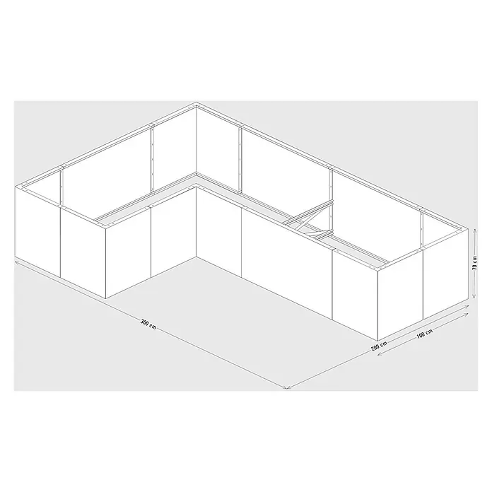 Palatino Hochbeet Urban L - 300 x 200 x 70 cm, Cortenstahl, Rostbraun - Weißes, modulares L-förmiges Messestand-Wandsystem, 300x200 cm Grundfläche, 70 cm hoch, mit sichtbaren internen Rahmen.