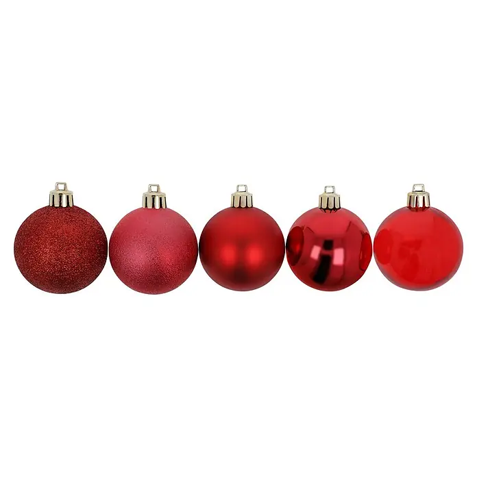 Christbaumkugel-Set - Rot, Kunststoff, 48 Stk., Durchmesser: 6 cm - Fünf rote Weihnachtsbaumkugeln mit verschiedenen Oberflächen: glitzernd, matt texturiert, glatt matt, glänzend und durchscheinend.