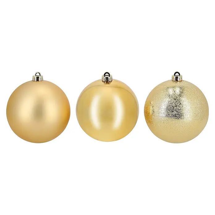Christbaumkugel-Set - Gold, Kunststoff, 5 Stk., Durchmesser: 15 cm - Drei goldene Weihnachtskugeln: matt, glänzend und strukturiert.