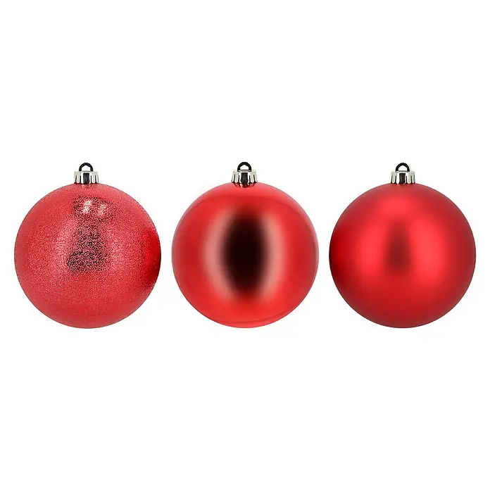 Christbaumkugel-Set - Rot, Kunststoff, 5 Stk., Durchmesser: 15 cm - Drei rote Weihnachtskugeln mit unterschiedlichen Oberflächen: strukturiert, glänzend und matt.