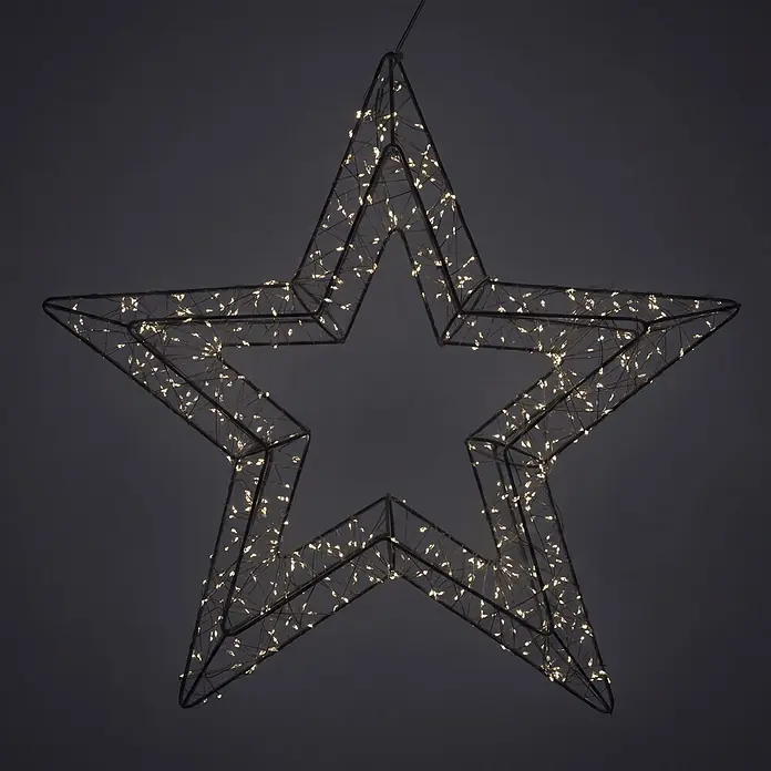 LED-Stern hängend - 45 cm, Silber, Lichtfarbe: Warmweiß, IP44, Netzbetrieben - Beleuchteter sternförmiger Metallrahmen mit warmweißen LED-Lichtern.