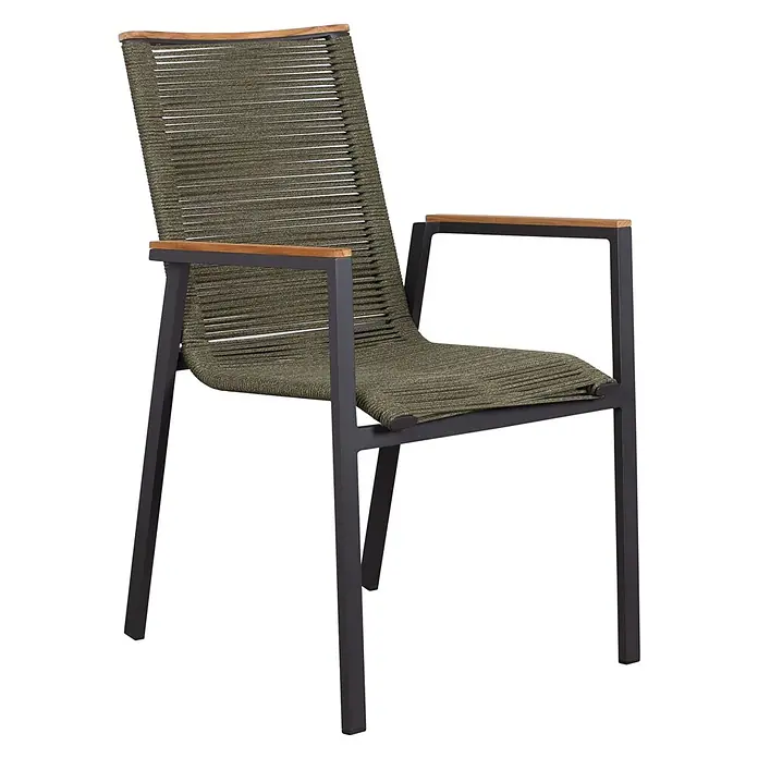 Bene Living Gartenstuhl-Set Alicante - 2 Stk., Aluminium mit Teakarmlehnen, Beige - Stuhl mit dunklem Metallrahmen, olivgrünem Seilgeflecht und Holzarmlehnen.