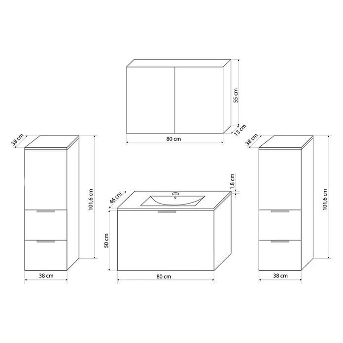AcquaVapore Badmöbel-Set Fertigdusche Gently-1-B080-V3-F01 - Gesamtbreite Badmöbel: 46 cm