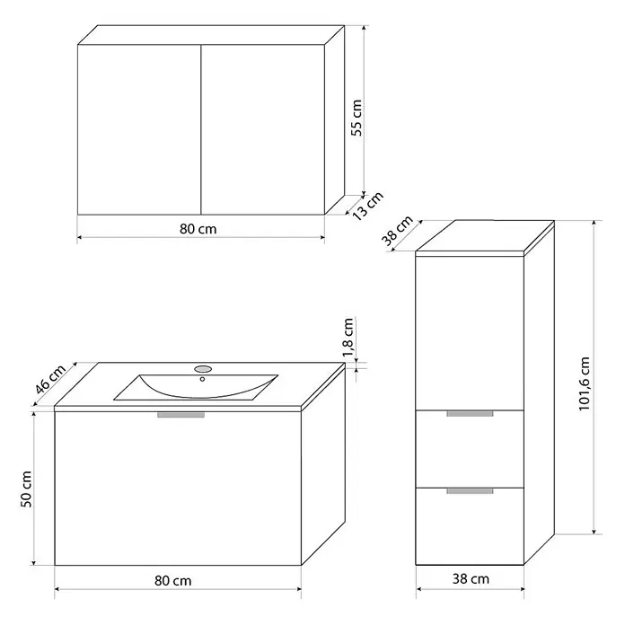 AcquaVapore Badmöbel-Set Fertigdusche Gently-1-B080-V2-R-F01 - Gesamtbreite Badmöbel: 46 cm