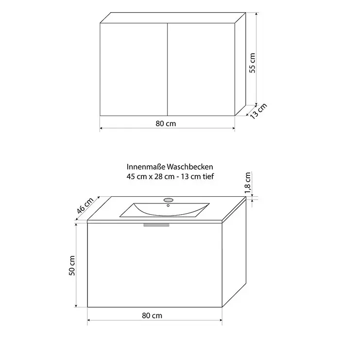 AcquaVapore Badmöbel-Set Fertigdusche Gently-1-B080-V1-F0109-LED-EBox - Gesamtbreite Badmöbel: 46 cm