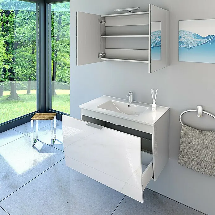 AcquaVapore Badmöbel-Set Fertigdusche Gently-1-B080-V1-F01-LED-EBox - Gesamtbreite Badmöbel: 46 cm