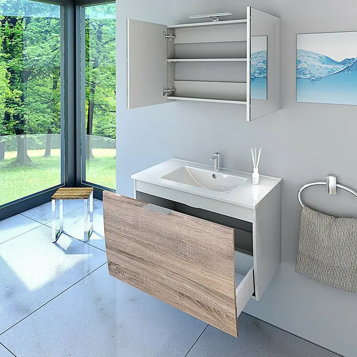 AcquaVapore Badmöbel-Set Fertigdusche Gently-1-B080-V1-F0109-LED-EBox - Gesamtbreite Badmöbel: 46 cm