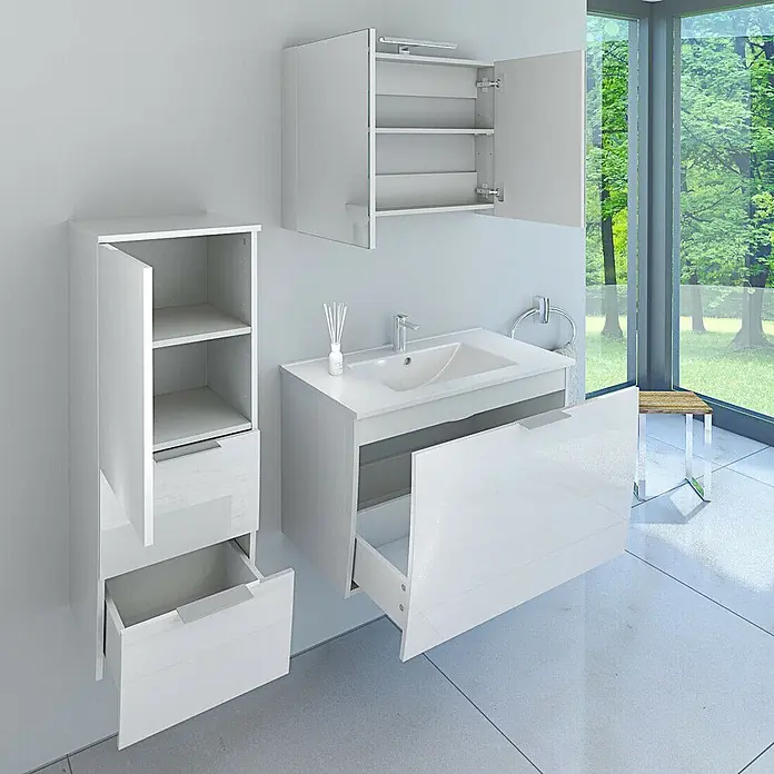 AcquaVapore Badmöbel-Set Fertigdusche Gently-1-B080-V2-L-F01-LED-EBox - Gesamtbreite Badmöbel: 46 cm