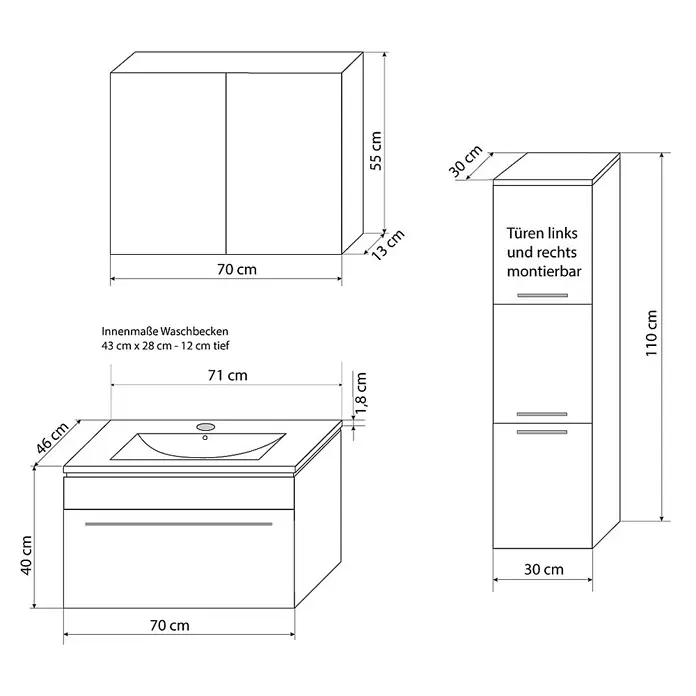 AcquaVapore Badmöbel-Set Fertigdusche Gently-3-B070-V2-R-F0102-LED - Gesamtbreite Badmöbel: 46 cm