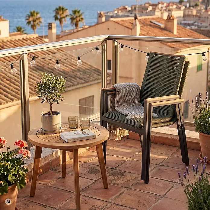 Bene Living Gartenstuhl-Set Alicante - 2 Stk., Aluminium mit Teakarmlehnen, Beige - Dunkelgrüner geflochtener Outdoor-Stuhl mit Holzarmlehnen und runder Holztisch auf einem Balkon mit Meerblick.