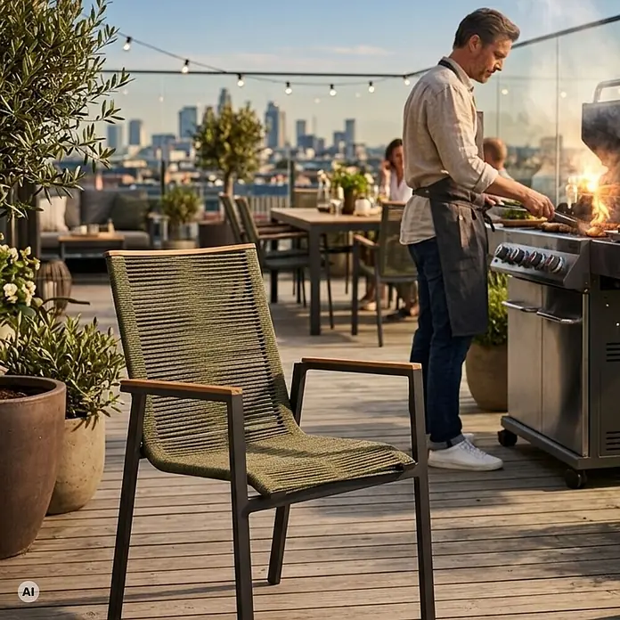 Bene Living Gartenstuhl-Set Alicante - 2 Stk., Aluminium mit Teakarmlehnen, Beige - Outdoor-Stuhl mit grünem Geflecht, dunklem Gestell und Holzarmlehnen auf einer Terrasse mit Stadtblick.