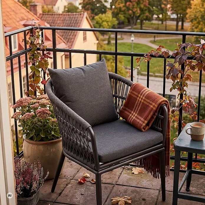Bene Living Gartenstuhl-Set Genua - 2 Stk., Aluminium mit Rope-Geflecht, grau - Dunkelgrauer geflochtener Outdoor-Stuhl mit Kissen und karierter Decke auf einem Balkon, ideal für die Herbstentspannung.