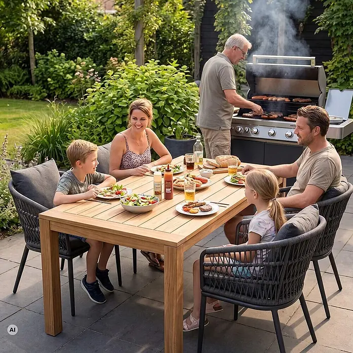 Bene Living Gartenstuhl-Set Genua - 2 Stk., Aluminium mit Rope-Geflecht, grau - Teak-Esstisch für den Außenbereich mit dunkelgrauen geflochtenen Seilstühlen und Kissen, genutzt von einer Familie für eine Mahlzeit im Garten.