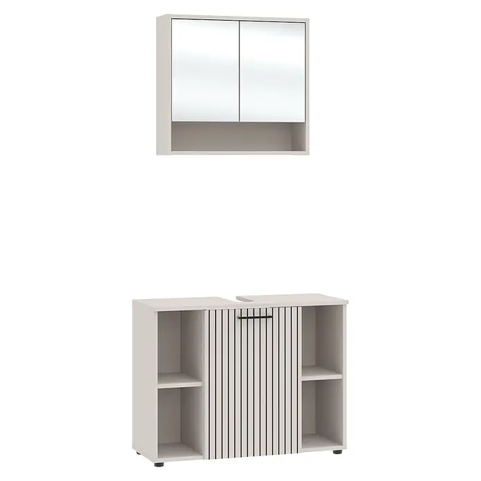 Respekta Badmöbel-Set Lina - Gesamtbreite Badmöbel: 80 cm, Kaschmir, Matt, Ohne Beleuchtung - Hellelfeinbeinfarbenes Badezimmermöbelset: ein Wandschrank mit Spiegeltüren und offenem Regal, und ein Waschtisch mit Lamellentür und offenen Regalen.