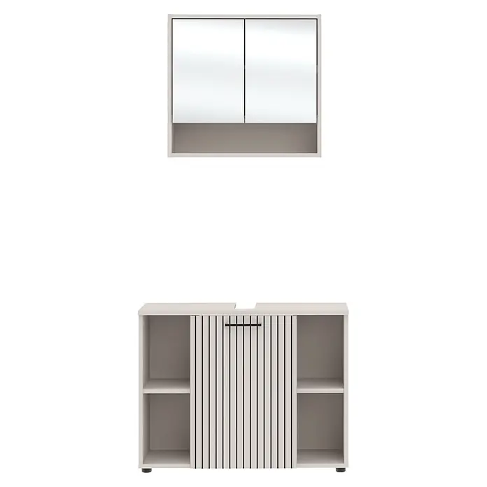 Respekta Badmöbel-Set Lina - Gesamtbreite Badmöbel: 80 cm, Kaschmir, Matt, Ohne Beleuchtung - Modernes hellbeiges Badmöbelset: Wandschrank mit Spiegeltüren und Unterschrank mit offenen Fächern und schwarzer Lamellenschiebetür.