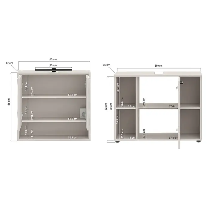 Respekta Badmöbel-Set Lina - Gesamtbreite Badmöbel: 80 cm, Kaschmir, Matt, Ohne Beleuchtung - Zwei hellbeige Aufbewahrungseinheiten mit Regalen und Fächern, detailliert mit Maßen.