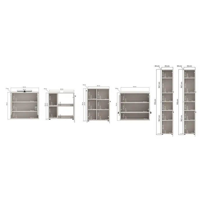 Respekta Badmöbel-Set Lina - Gesamtbreite Badmöbel: 235 cm, Kaschmir, Matt, Ohne Beleuchtung - Modulare, hellfarbige Schränke und Regale mit verschiedenen Abmessungen, teils mit Türen, teils offen.
