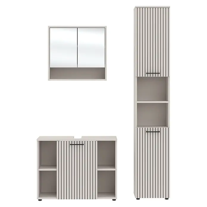 Respekta Badmöbel-Set Lina - Gesamtbreite Badmöbel: 130 cm, Kaschmir, Matt, Ohne Beleuchtung - Hellbeige Badmöbel-Set mit schwarzen vertikalen Lamellentüren, bestehend aus Spiegelschrank, Hochschrank und Waschtischunterschrank.