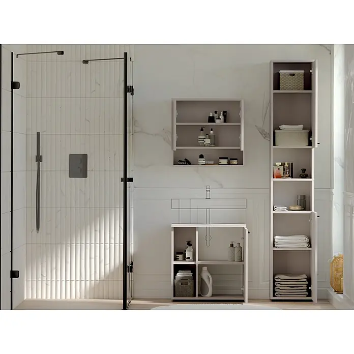 Respekta Badmöbel-Set Lina - Gesamtbreite Badmöbel: 110 cm, Kaschmir, Matt, Ohne Beleuchtung - Moderne, hellfarbene Badschränke: ein Wandschrank, ein Waschtischunterschrank und ein Hochschrank bieten organisierten Stauraum für Badartikel.