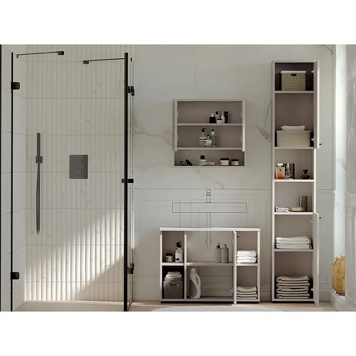 Respekta Badmöbel-Set Lina - Gesamtbreite Badmöbel: 130 cm, Kaschmir, Matt, Ohne Beleuchtung - Hellgraue Badezimmerschränke in verschiedenen Größen, bieten funktionale Ablage für Toilettenartikel und Handtücher.