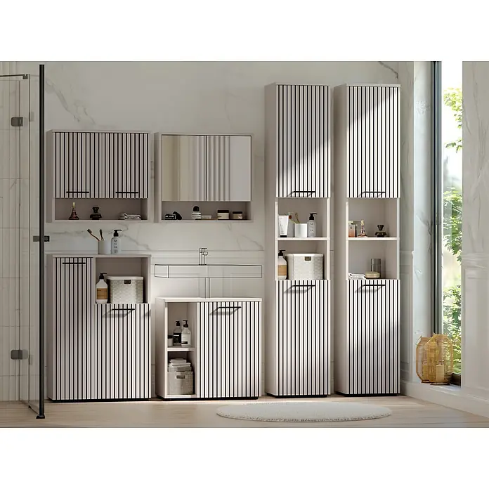 Respekta Badmöbel-Set Lina - Gesamtbreite Badmöbel: 235 cm, Kaschmir, Matt, Ohne Beleuchtung - Helle Badezimmerschränke mit dunklen vertikalen Linien und offenen Fächern, für funktionale Organisation.