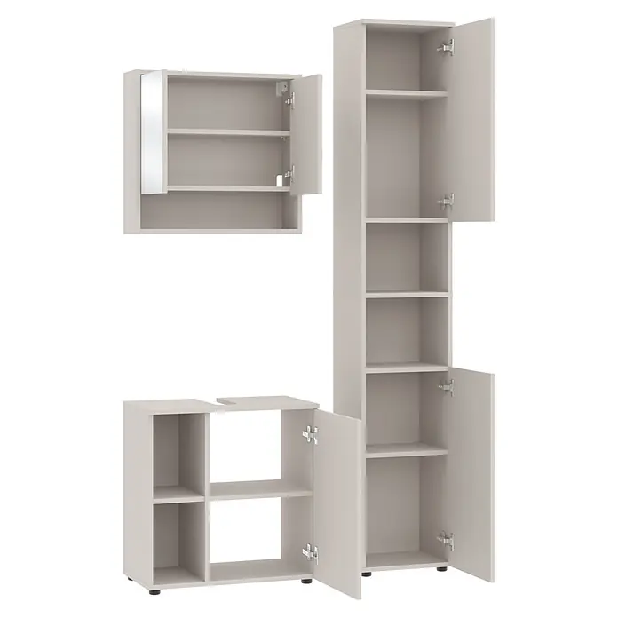 Respekta Badmöbel-Set Lina - Gesamtbreite Badmöbel: 110 cm, Kaschmir, Matt, Ohne Beleuchtung - Helles beiges Badmöbel-Set: Spiegelschrank, Hochschrank und Unterschrank mit offenen Fächern und Türen.