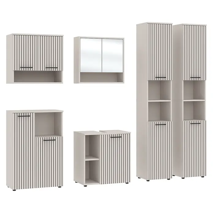 Respekta Badmöbel-Set Lina - Gesamtbreite Badmöbel: 235 cm, Kaschmir, Matt, Ohne Beleuchtung - Eine Kollektion hellbeiger Badschränke und -regale mit schwarzen vertikalen Streifen und Griffen, einschließlich Spiegelschränken und Hochschränken.