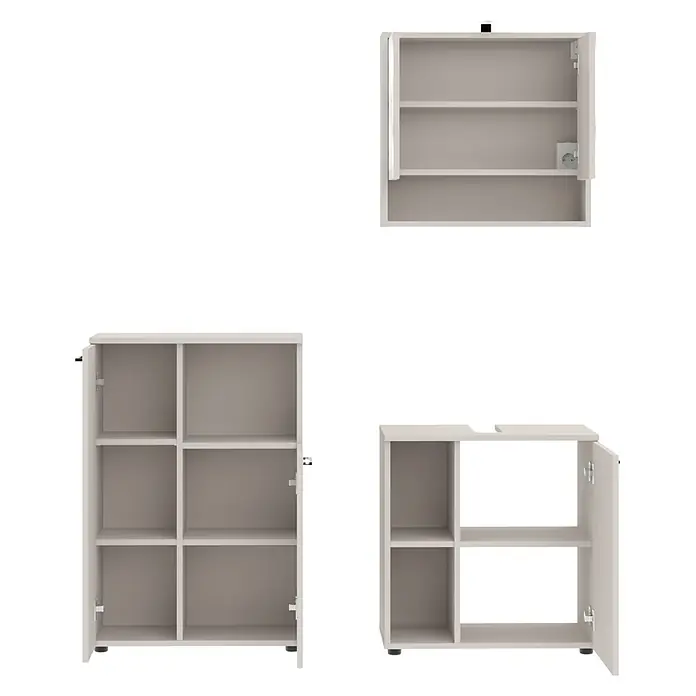 Respekta Badmöbel-Set Lina - Gesamtbreite Badmöbel: 135 cm, Kaschmir, Matt, Mit Beleuchtung, 3 -tlg. - Helle, graue, modulare Aufbewahrungsschränke mit Regalen und offenen Türen, in verschiedenen freistehenden und wandmontierten Konfigurationen gezeigt.