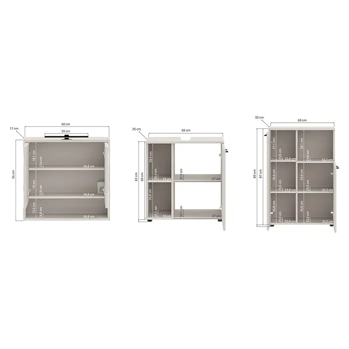 Respekta Badmöbel-Set Lina - Gesamtbreite Badmöbel: 135 cm, Kaschmir, Matt, Mit Beleuchtung, 3 -tlg. - Heller Holzschrank mit mehreren Regalen und Fächern, detailgetreu mit Maßen aus verschiedenen Blickwinkeln.