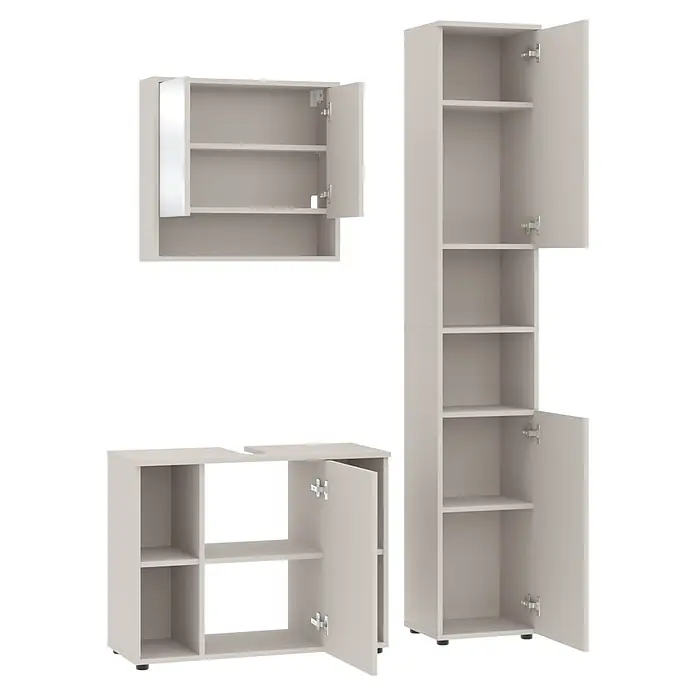 Respekta Badmöbel-Set Lina - Gesamtbreite Badmöbel: 130 cm, Kaschmir, Matt, Ohne Beleuchtung - Hellgraues modulares Aufbewahrungsmöbel-Set: Wandschrank mit Spiegel, hoher Schrank und niedriger Schrank mit Türen und offenen Regalen.