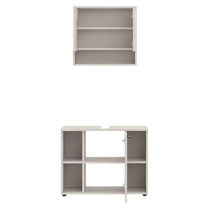 Respekta Badmöbel-Set Lina - Gesamtbreite Badmöbel: 80 cm, Kaschmir, Matt, Ohne Beleuchtung - Helles, graues Modulschrank-Set: ein Oberschrank mit geöffneten Türen und ein Unterschrank mit Regalen und einer offenen Tür.