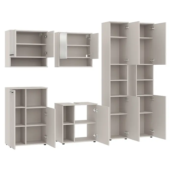 Respekta Badmöbel-Set Lina - Gesamtbreite Badmöbel: 235 cm, Kaschmir, Matt, Ohne Beleuchtung - Hellegraue modulare Schränke mit offenen Türen und Regalböden, darunter Wand-, Stand- und Spiegeleinheiten für vielseitigen Stauraum.