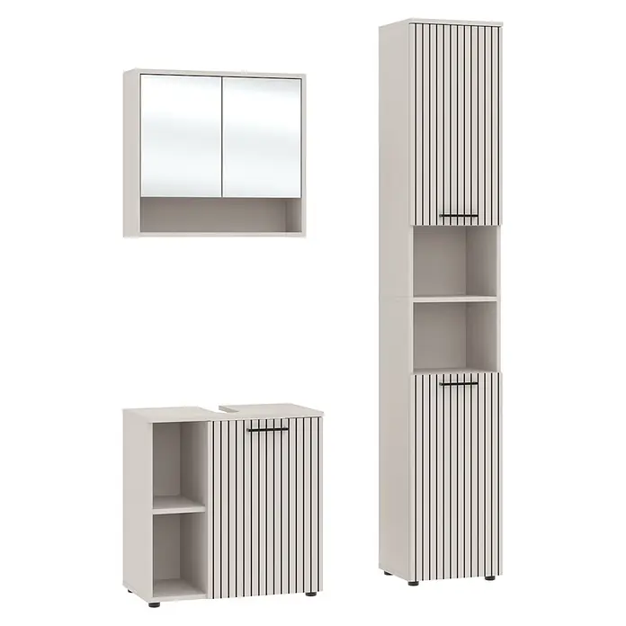 Respekta Badmöbel-Set Lina - Gesamtbreite Badmöbel: 110 cm, Kaschmir, Matt, Ohne Beleuchtung - Drei hellbeige Badschränke mit schwarzen Lamellenakzenten: ein Spiegelschrank, ein Hochschrank und ein Waschtischunterschrank.